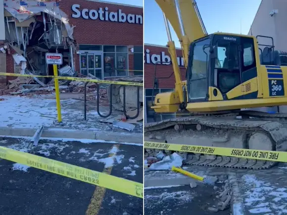 В Вудбридже воры использовали экскаватор, чтобы достать банкомат прямо из стены здания банка 